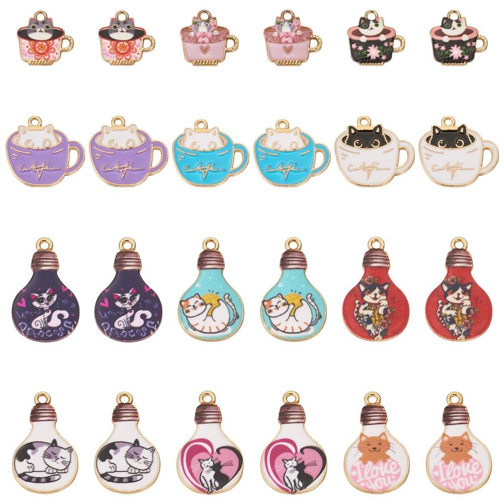 7820 24pcs Bulb Cat Charms Coffee Cup Kitten Pendants Cute Tea Cup Earrings